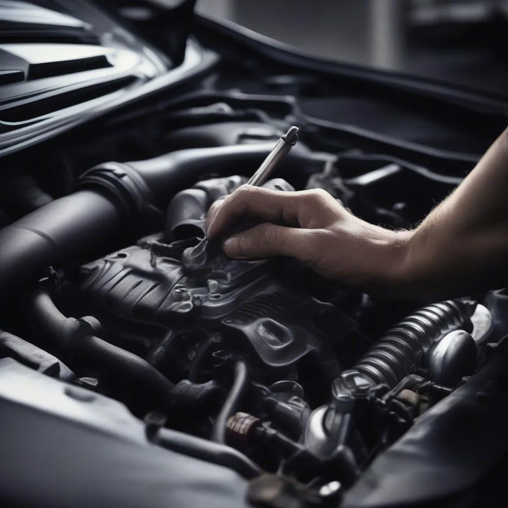 close-up of a mechanic's hands working on the engine of a 2012 Mazda 3